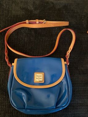 Dooney & Bourke Blue Patent Crossbody with Tan Trim and Orange Strap